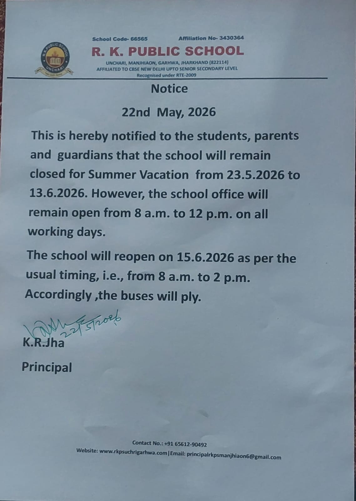 Summer Vacation 2026 Notice