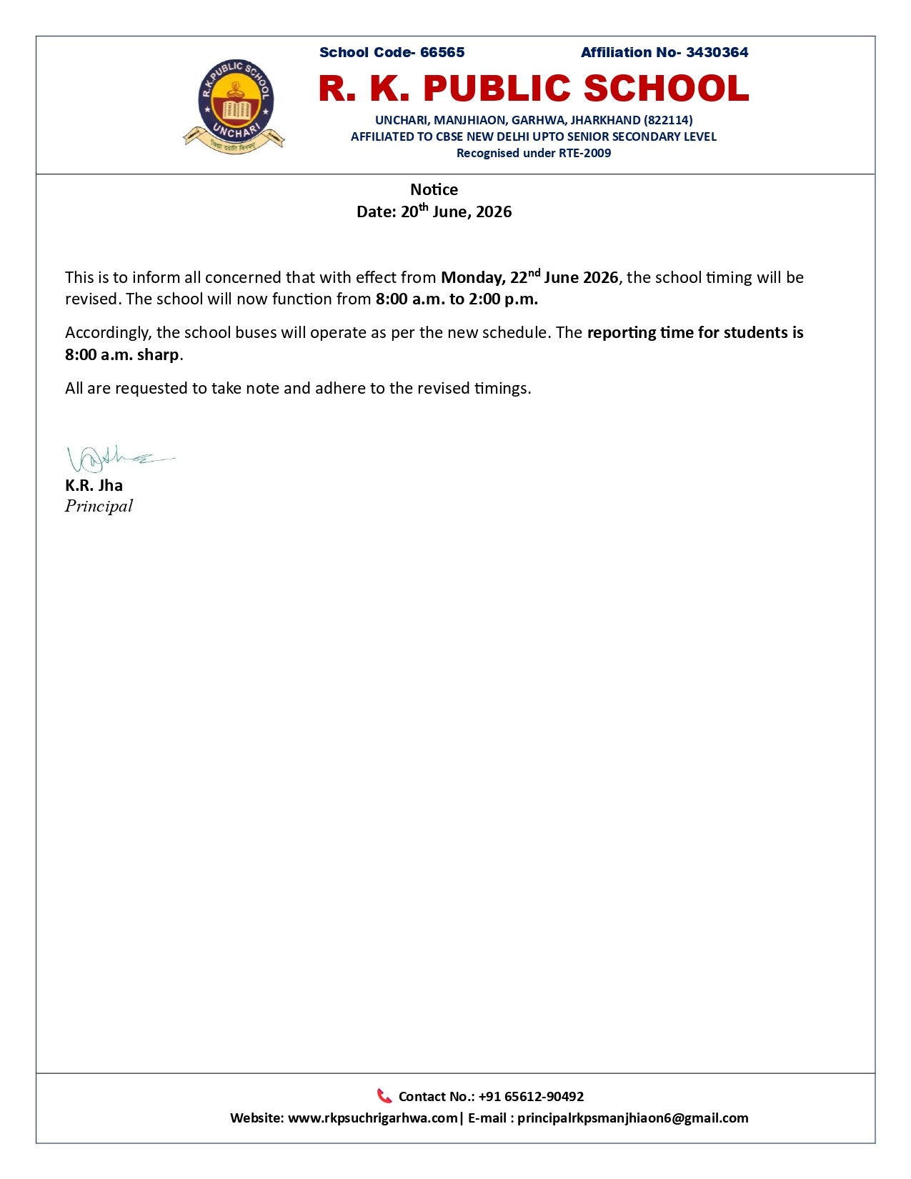 Notice for Change in School Timing