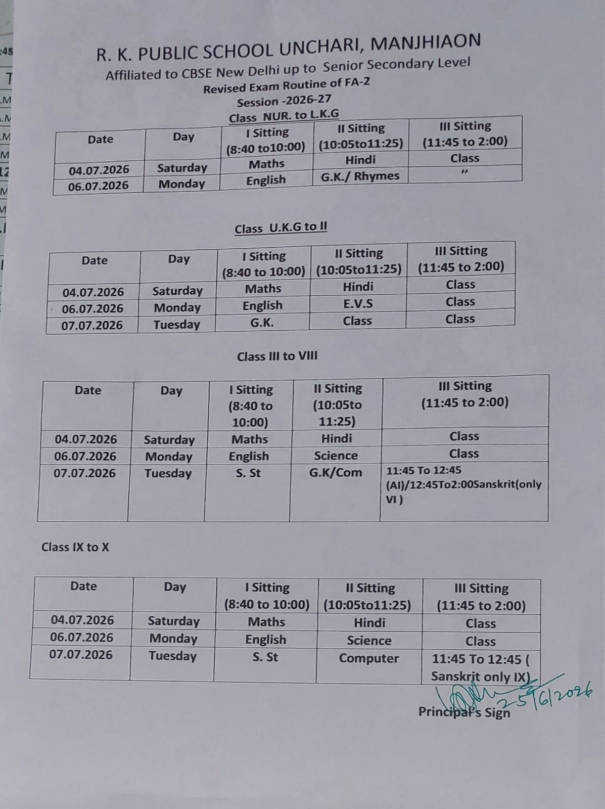Revised Date-sheet for FA 2 Exam, session 2026-27