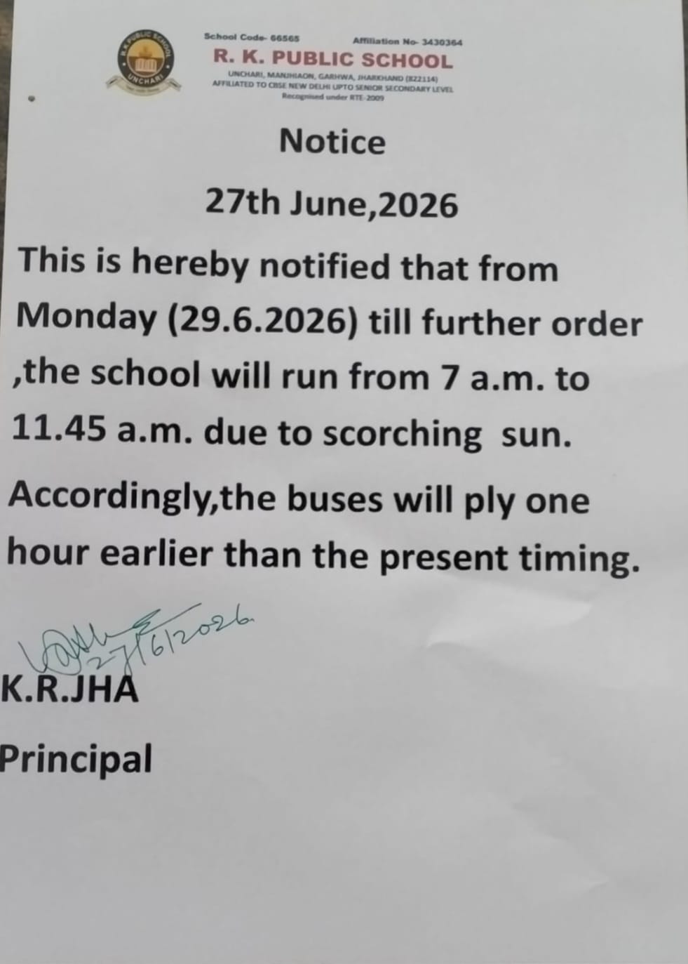 Notice dated 27.06.2026_Change in School Timing